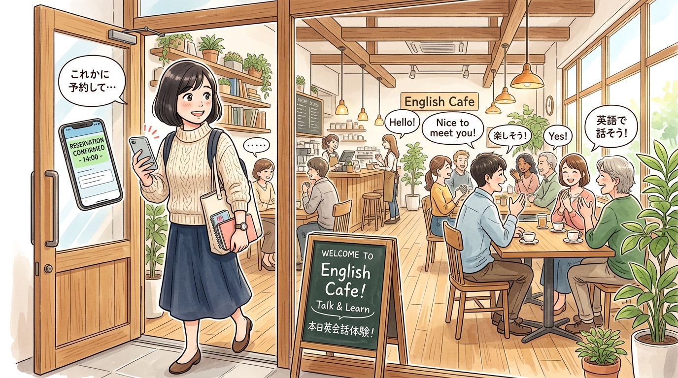 LanCul提携カフェのオシャレな店内で無料体験が始まるワクワク感